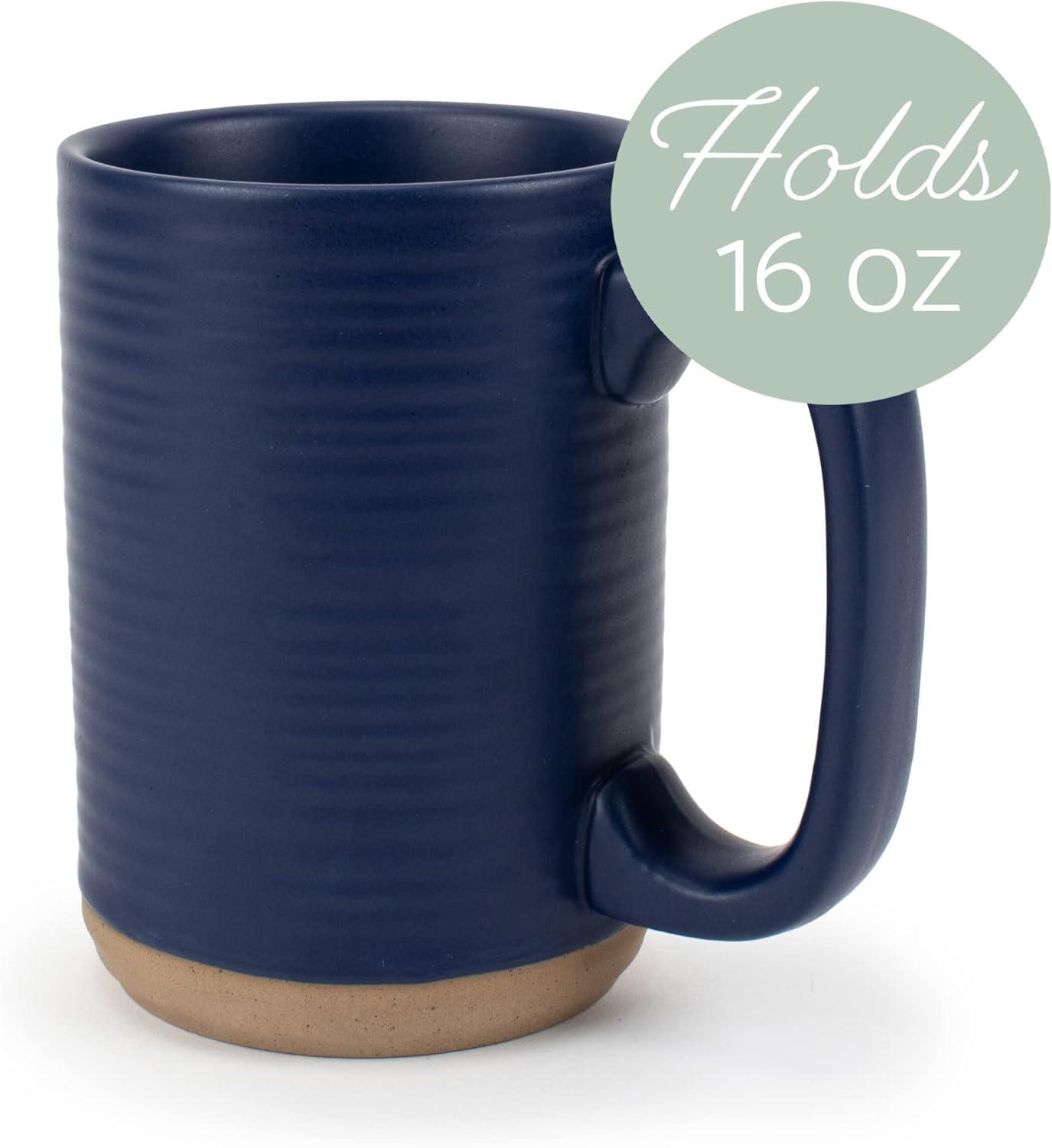 Elanze Designs Tall Ribbed Raw Clay Bottom Navy Blue 16 ounce Ceramic Coffee Mugs Set of 4