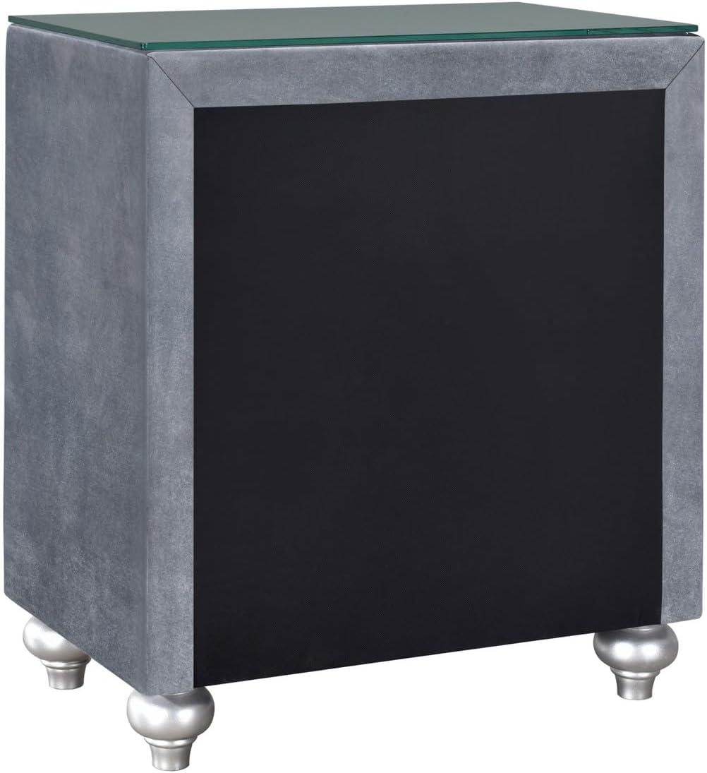 Benjara BM300868 30 in. Glass Top Crystal Knobs & Velvet Yin 3 Drawer Nightstand, Gray