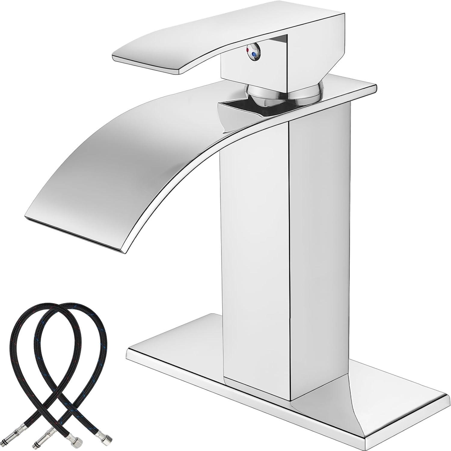 Midanya Waterfall Spout Bathroom Faucet Single Handle 1 Hole Bathroom Sink Faucet,Modern RV Lavatory Vanity Basin Tap with Water Hose,Short Body,Polish Chrome