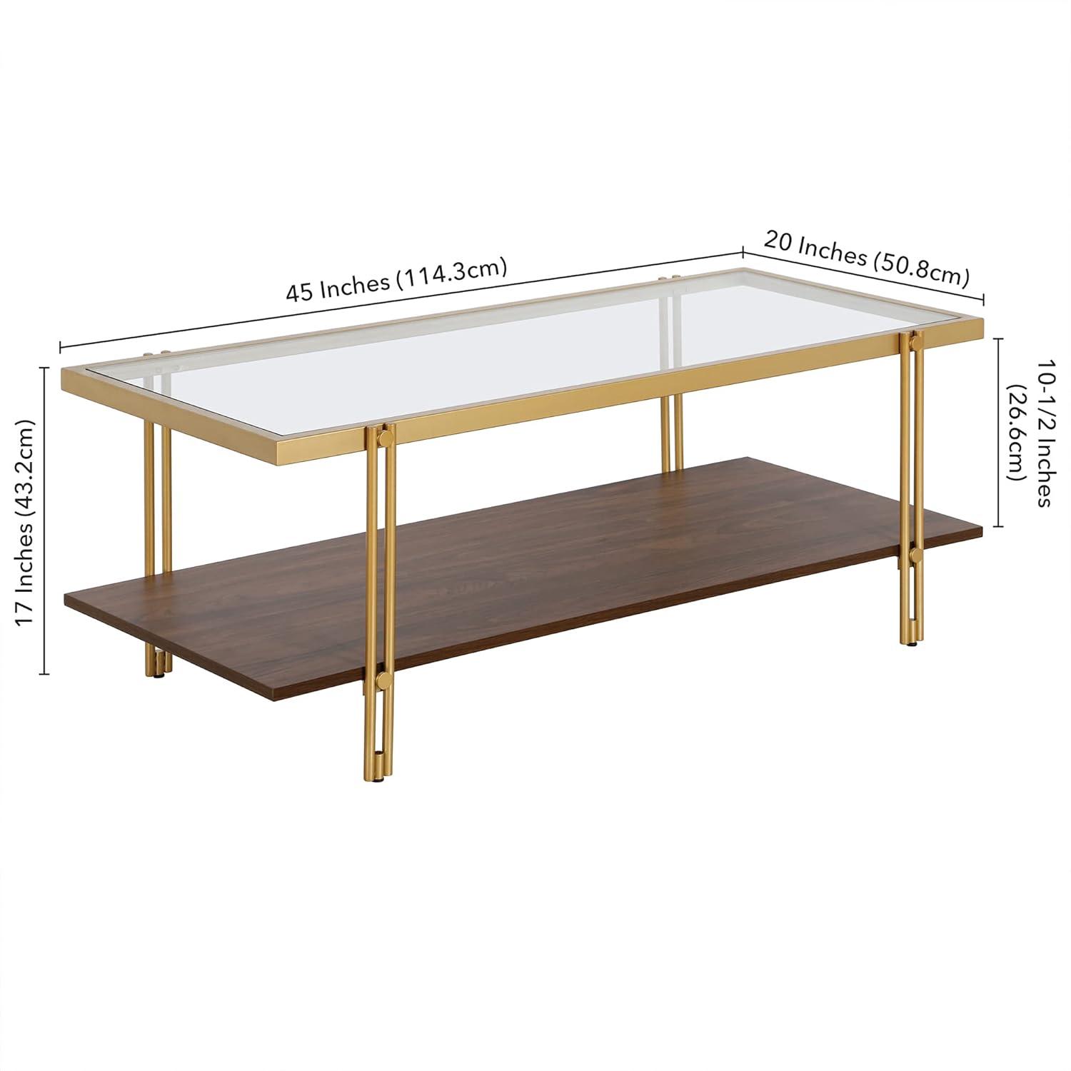 Brass & Walnut Rectangular Coffee Table with Glass Top & Storage Shelf