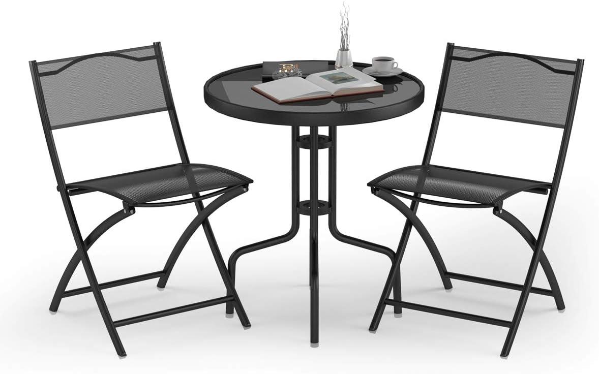 Black Metal and Glass 3-Piece Bistro Set with Folding Chairs