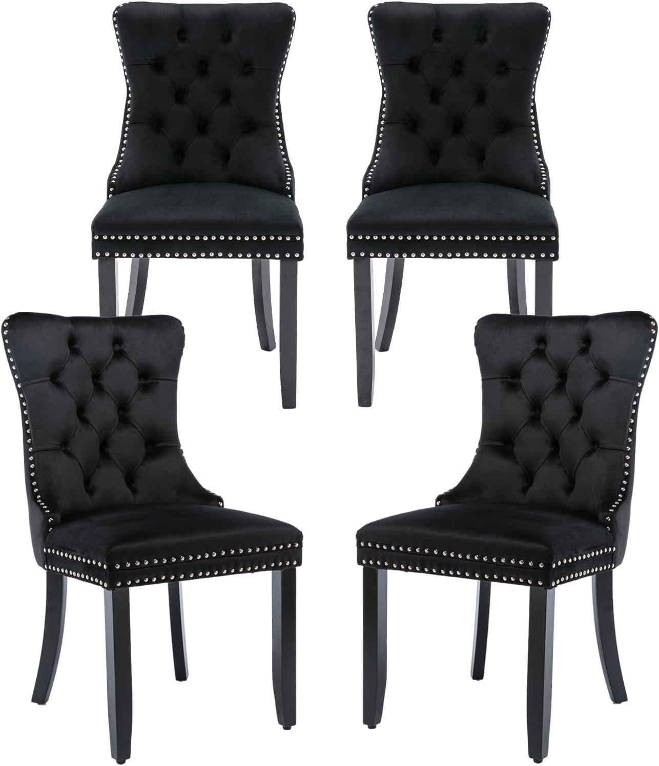 ODUSE-DAILY Black Velvet Dining Chairs Set of 4, Kitchen & Dining Room Chairs, Sillas De Comedor, Nailheads Tufted, Velvet Upholstered, Solid Wood (Black, 4 Pcs)