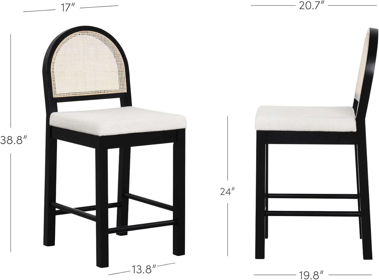 Nathan James Bailey Curved Back Counter Height Barstool Black Wood Oak Rattan Cream Boucle: Elegant 24in Seat, Rubberwood Frame