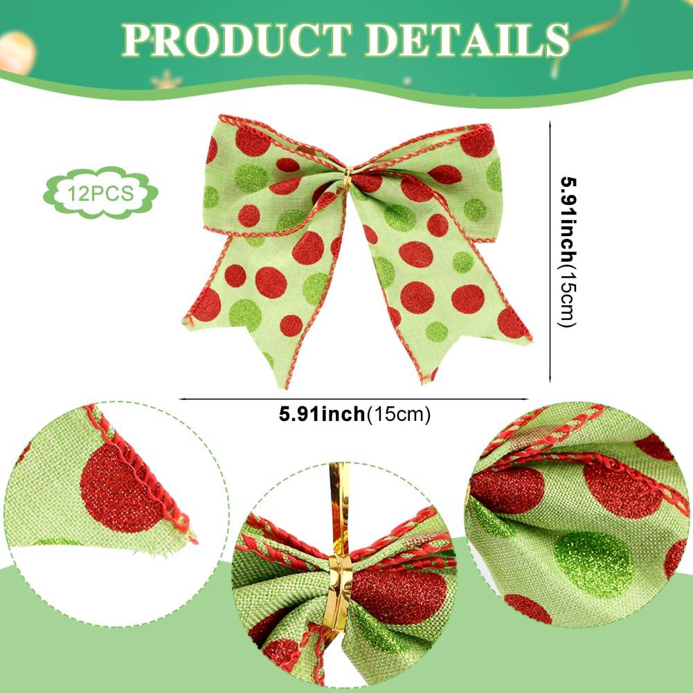 Sandistore Cute Cars 12pcs Christmas Tree Bows Ornaments 6 Inch Large Christmas Wreath Bows Red Green Xmas Tree Bows Christmas Glitter Dot Bows Ribbons Decoration For Garland Diamonds for Crafts