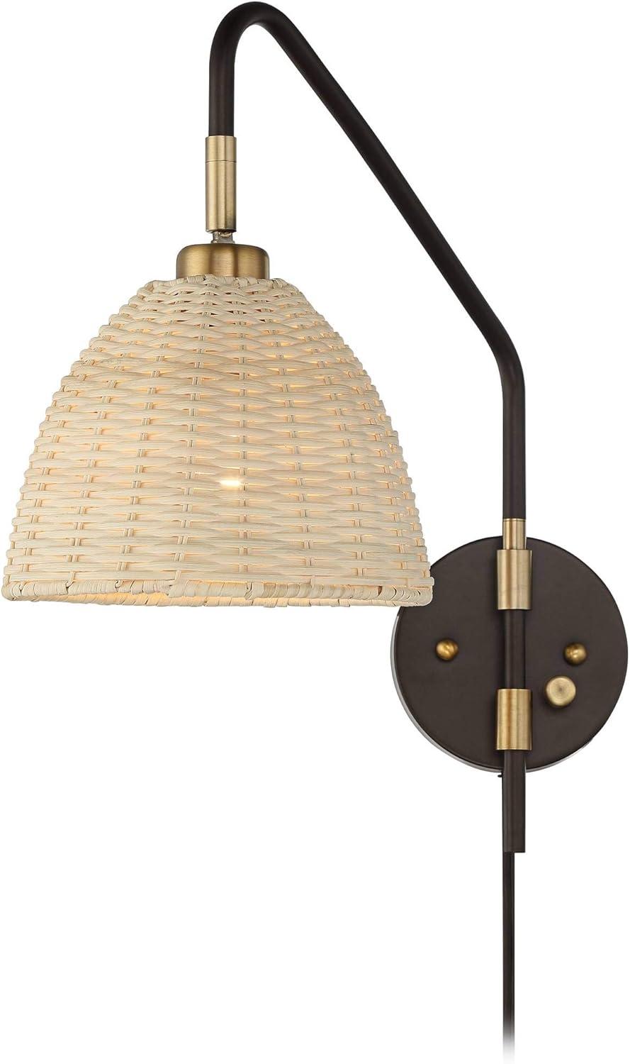 Coastal Swing Arm Adjustable Wall Lamp in Deep Bronze and Brass with Rattan Shade