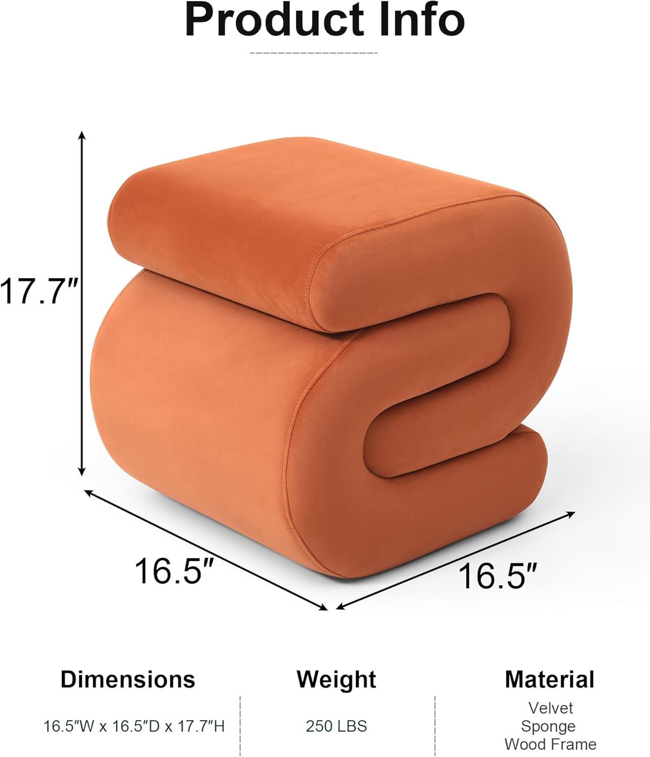 Foot Stool, Modern S-Shape Velvet Ottoman Makeup Chair Footstool Under Desk, Upholstered Extra Seating for Living Room, Bedroom, Entryway, Office (Orange)