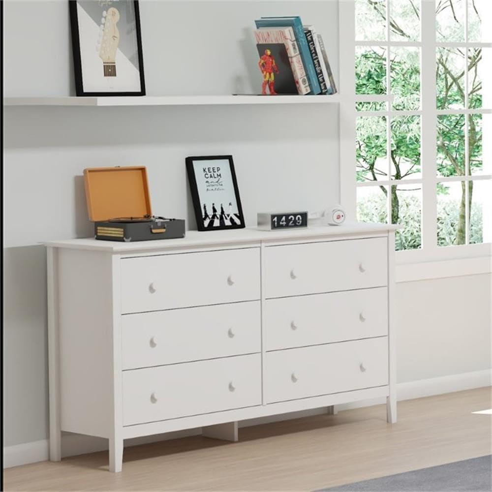 Alaterre Furniture Simplicity 6-Drawer Dresser for Kids Bedroom, Sturdy Brazilian Pine and Pine Veneers, White Finish with Metal Drawer Glides