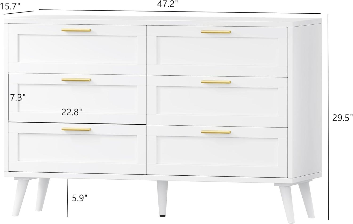 White Double Dresser with Golden Handles and Six Drawers