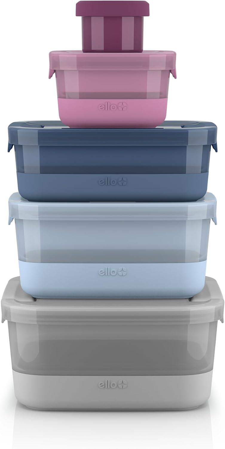 Ello 10pc Plastic Food Storage Container Set with Skid Free Soft Base: Multicolored, Dishwasher-Safe, 5 Containers with Lids