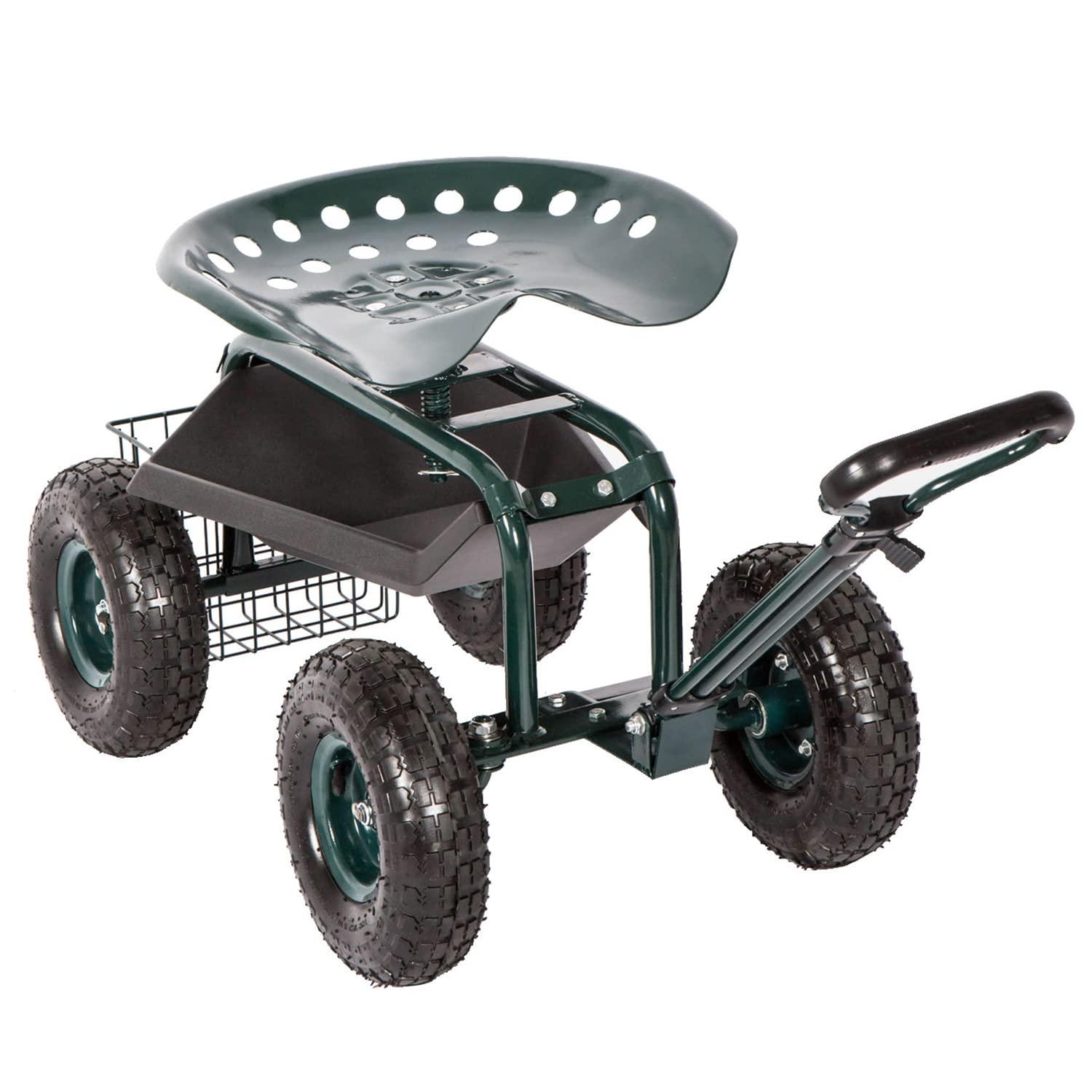 Rolling Garden Cart Scooter Stool - Garden Seat with Wheels Garden Cart with Seat, Adjustable Handle 360 Degree Swivel (Green)
