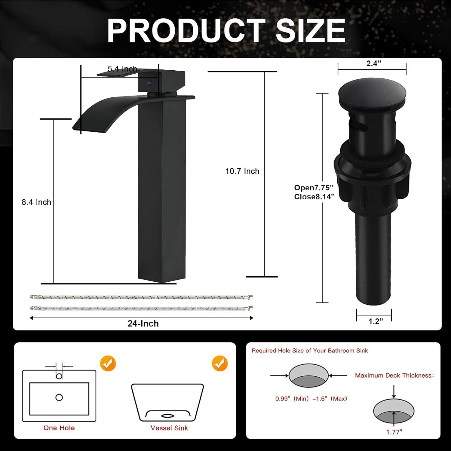 Waterfall Bathroom Faucet Single Handle，Bathroom Sink Faucet 1 Hole，Waterfall Faucet for Bathroom Sink，Vessel Sink Faucet Matte Black Tall Bathroom Faucet