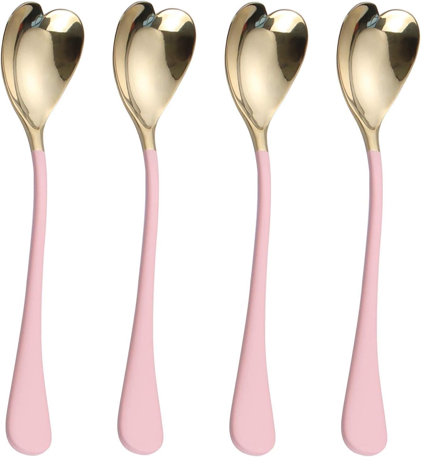 4 Pieces Dessert Spoons, 6.7 inches,Pink Heart Shaped, 18/10 Stainless Steel Ice Cream Spoons