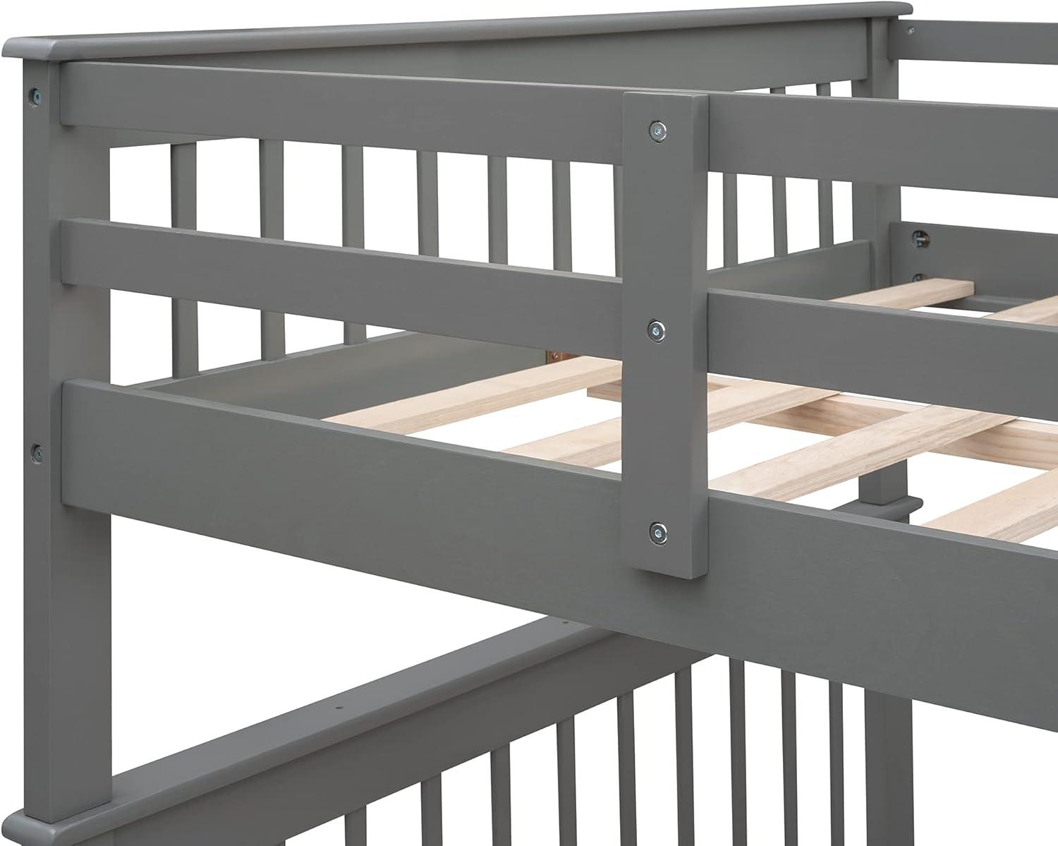 Full Over Full Bunk Beds with Drawers and Stairs Stairway Bunk Bed Frame with Storage Shelves for Kids Teens Adult, Wood Full Bunk Bed for Boys Girls Adults, Gray