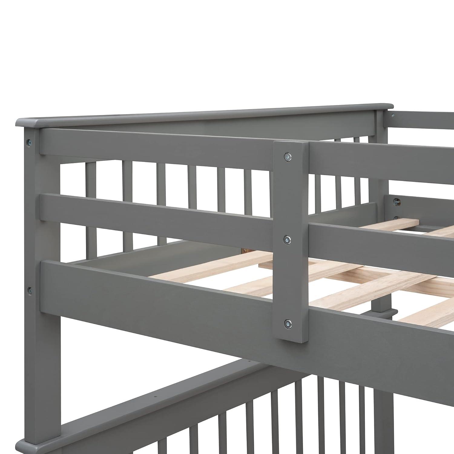 Full Over Full Bunk Beds with Drawers and Stairs Stairway Bunk Bed Frame with Storage Shelves for Kids Teens Adult, Wood Full Bunk Bed for Boys Girls Adults, Gray