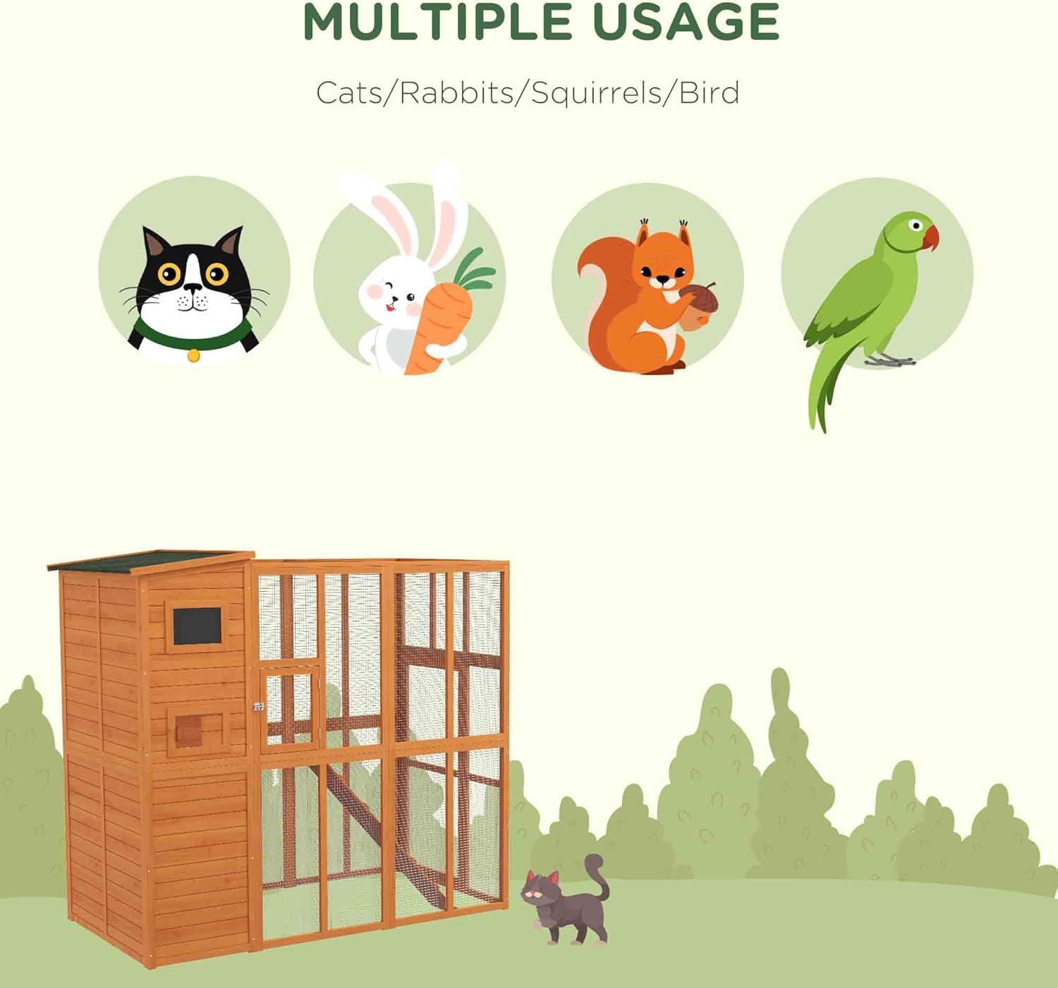 PawHut Catio Outdoor Cat Enclosure, Wooden Cat Patio with Platforms, Waterproof Asphalt Roof, Ramps, 77" L, Natural
