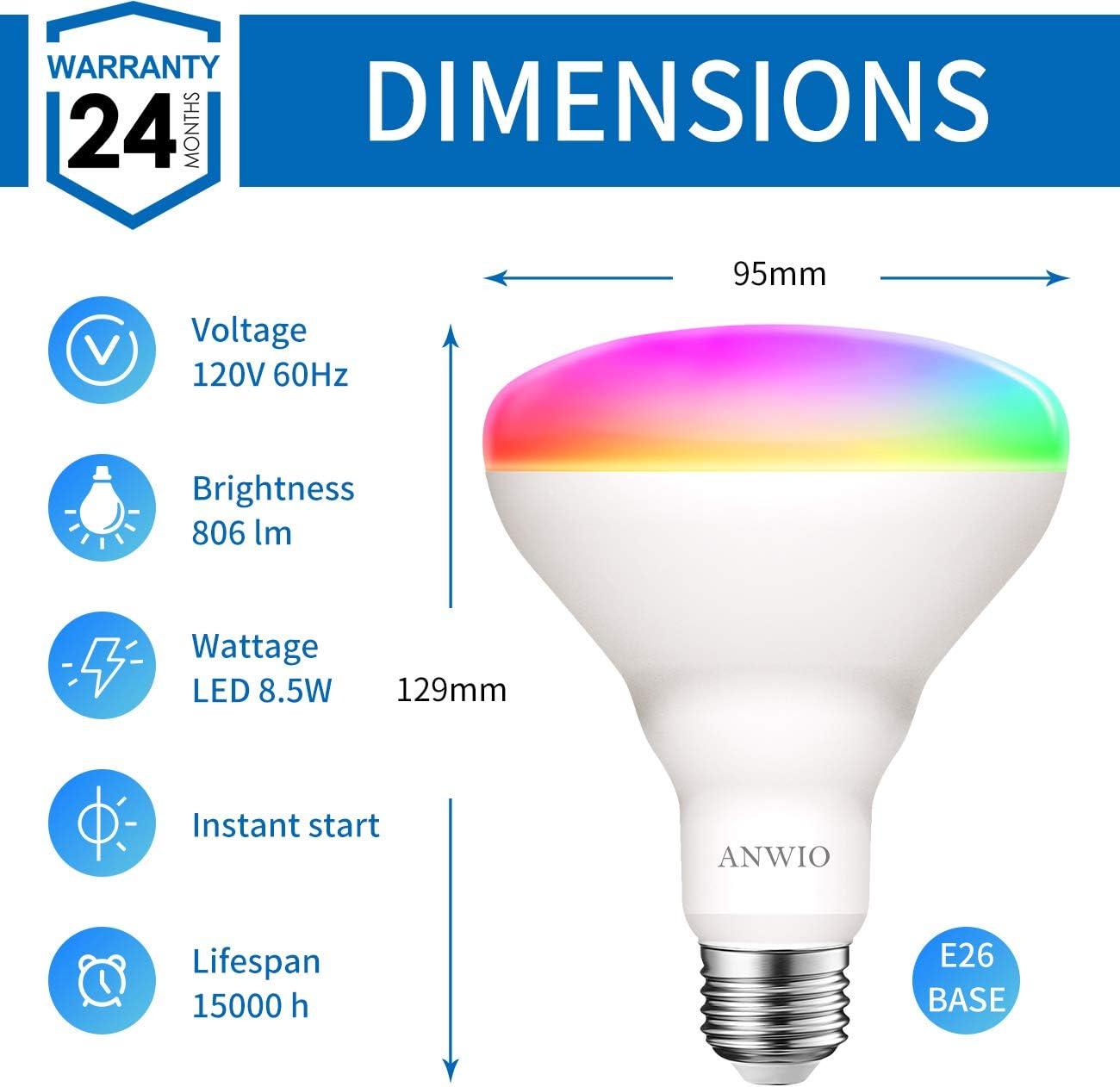 ANWIO Smart Light Bulb BR30 RGB Color Changing LED WiFi Dimmable Multicolor Light Bulbs E26 Base, Compatible with Alexa, Google Assistant, No Hub Required, 650 Lumen 8.5W (60W Equivalent) 2 Pack