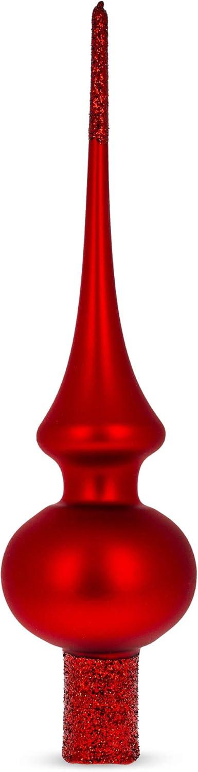 Matte Red with Sparkling Top Mouth Blown Glass Christmas Tree Topper 11 Inches