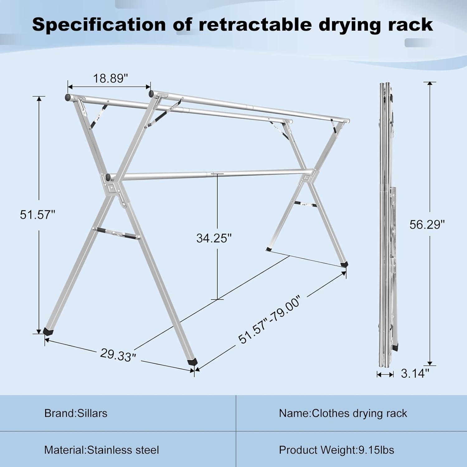 Sillars Clothes Drying Rack, 79 inches Laundry Drying Rack Clothing Foldable & Collapsible Stainless Steel Heavy Duty Clothing Drying Rack with Windproof Hooks for Indoor Outdoor