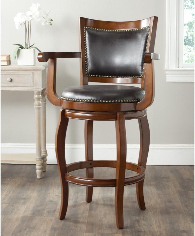 Walnut Brown Leather Swivel Bar Stool with Saber Legs