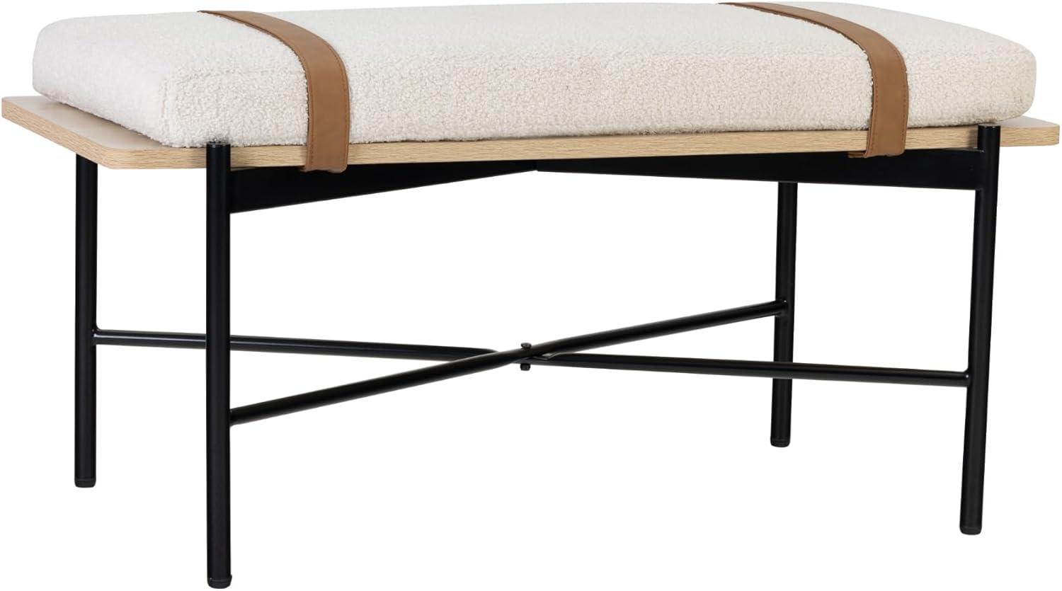 Nathan James Thatcher Boucle Wood and Metal Removable Cushion Bench: Curved Edge, Vegan Leather Straps, Zipper Design, Easy Clean