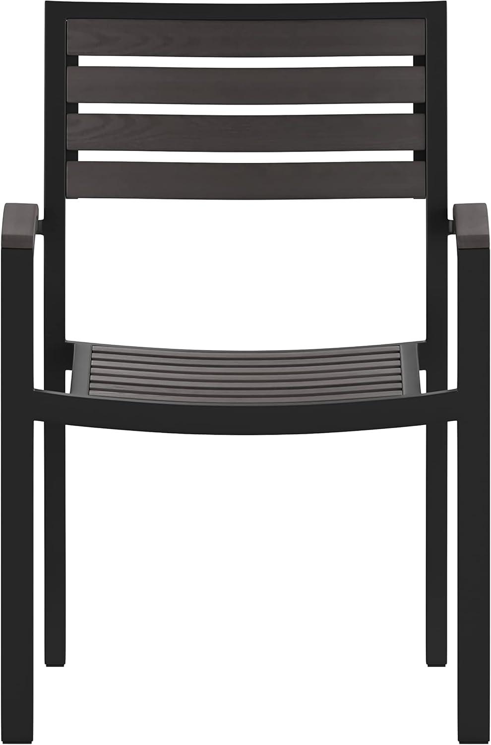 Flash Furniture 2 Pack All-Weather Black Aluminum Patio Stack Chairs - Gray Wash Faux Teak Slats