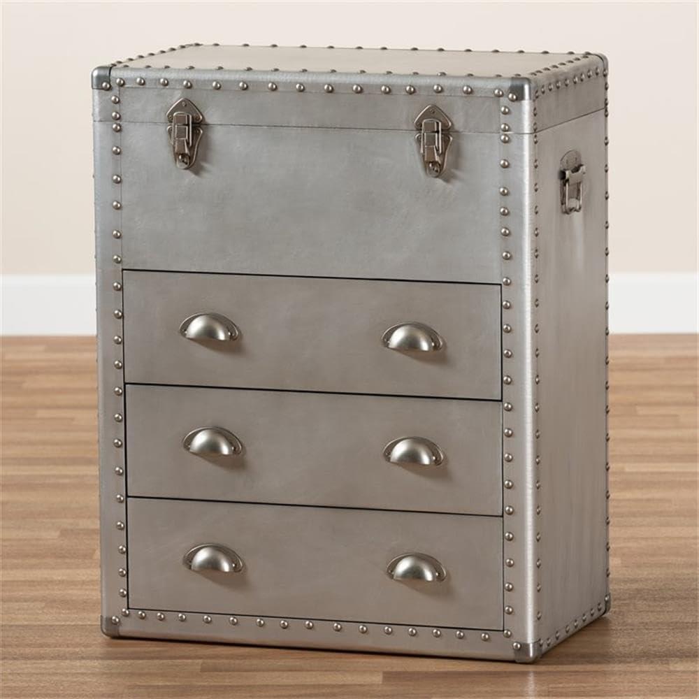 Bowery Hill 3-Drawer Mid-Century Metal Accent Storage Chest in Silver