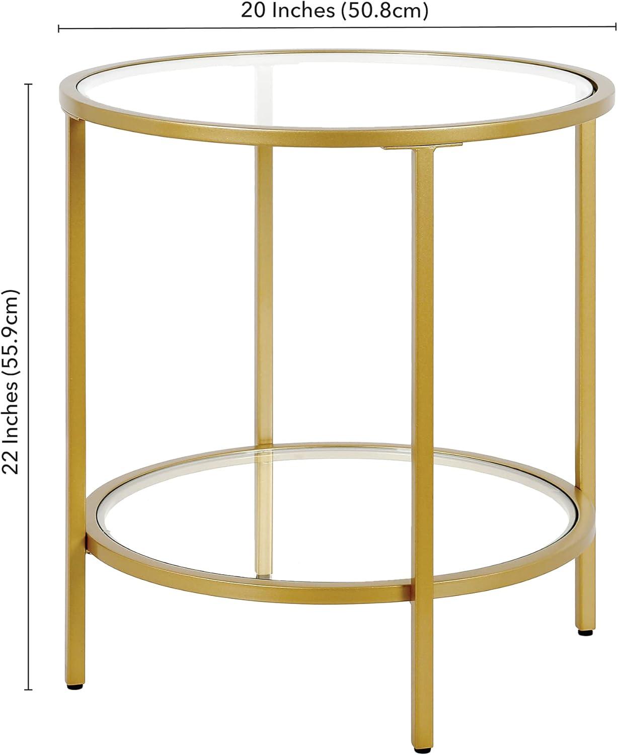 Evelyn&Zoe Sivil 20" Wide Round Side Table with Glass Shelf, Brass