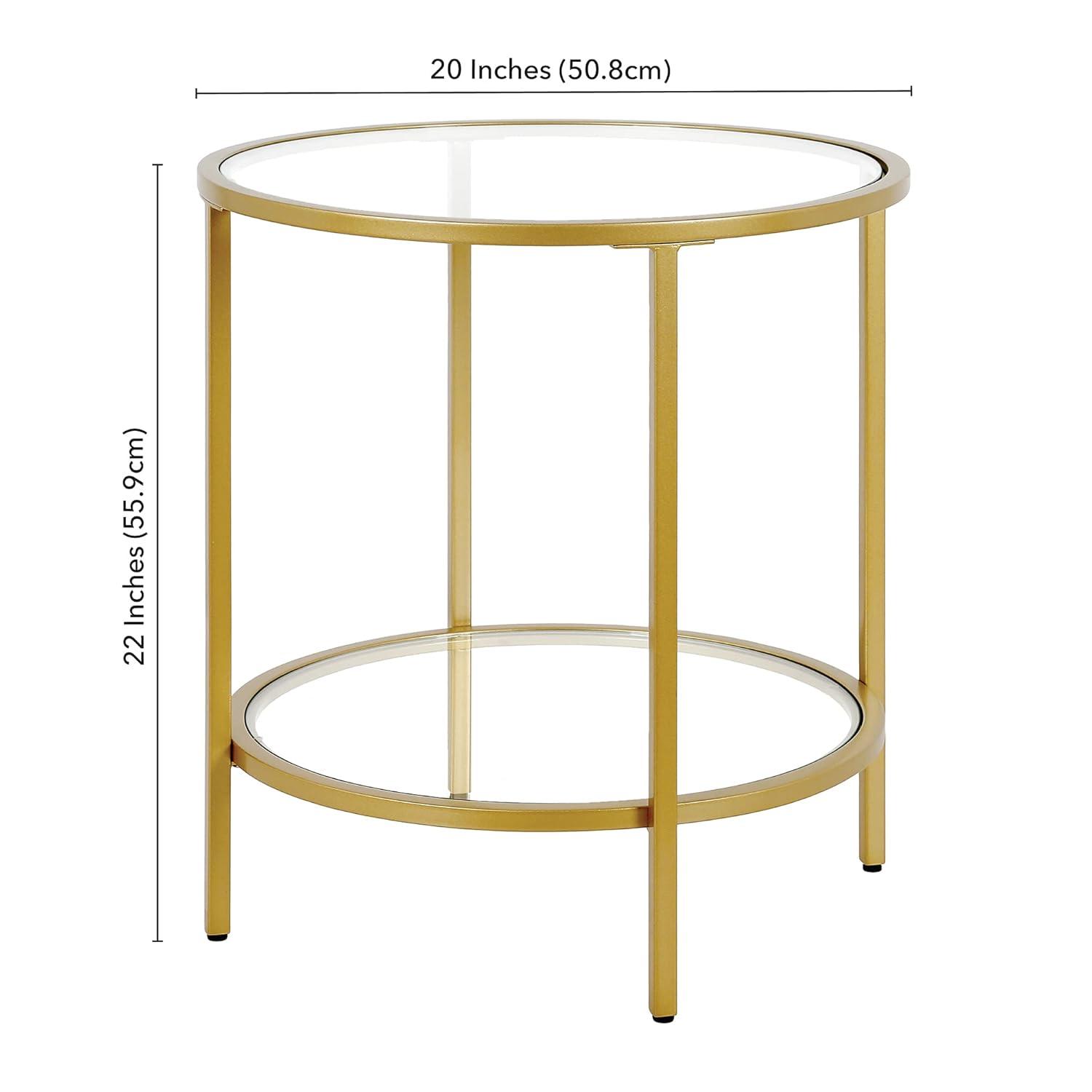 Evelyn&Zoe Sivil 20" Wide Round Side Table with Glass Shelf, Brass
