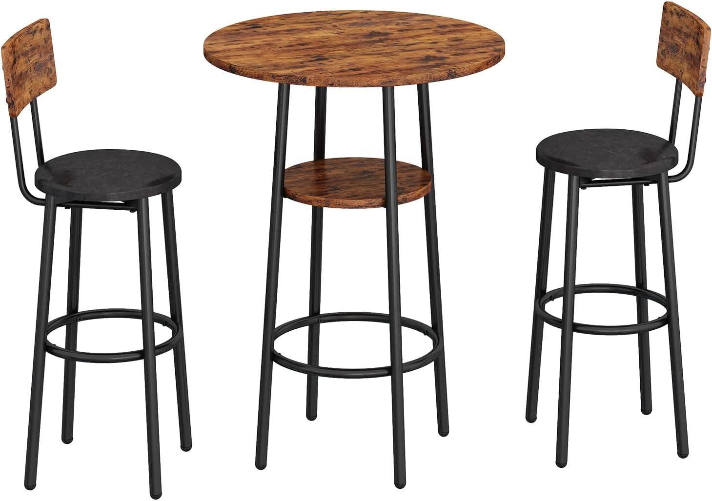 Rustic Brown and Black Metal 3-Piece Pub Table Set with Storage Shelf