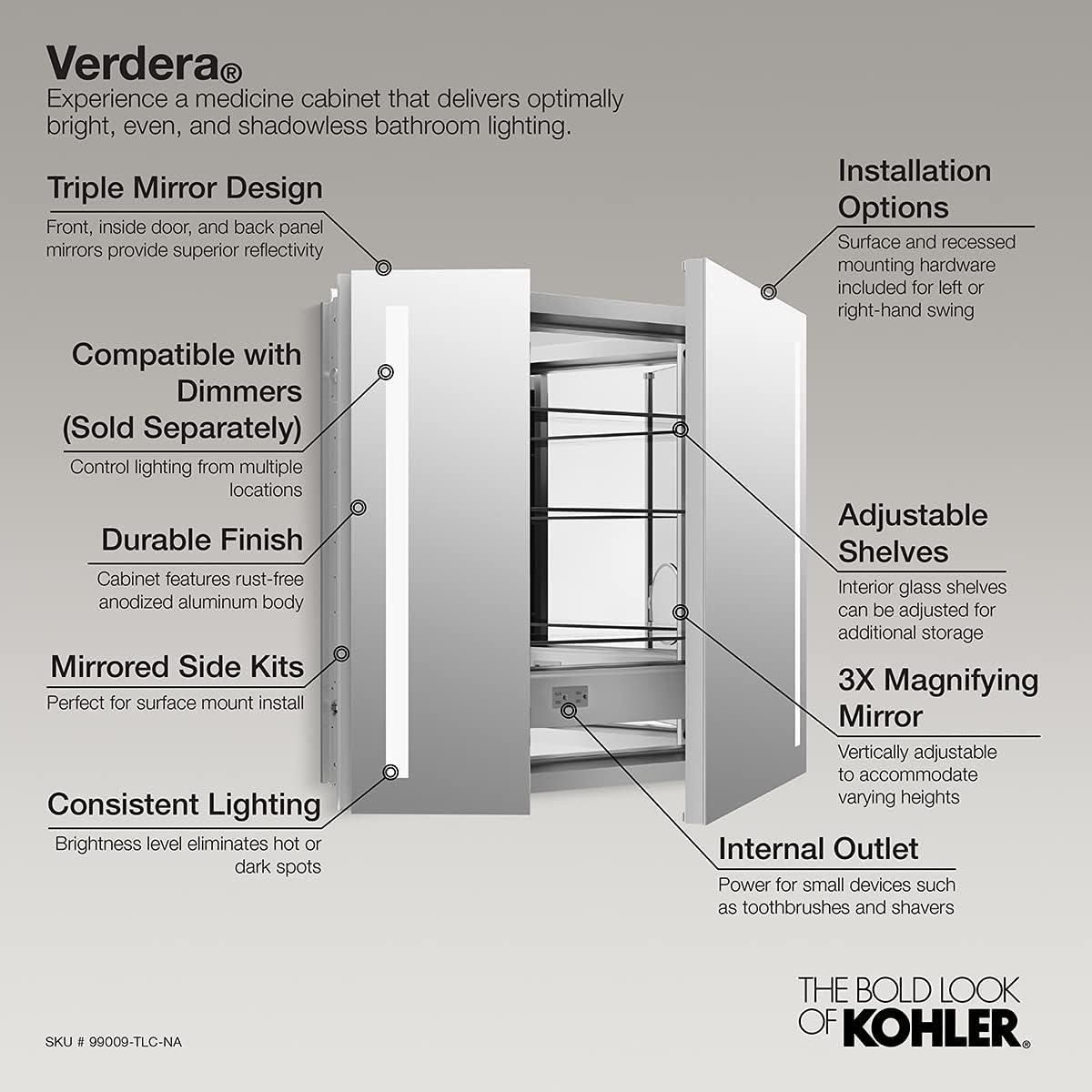 Verdera® Recessed or Surface mount Frameless Medicine Cabinet 2 Shelves Lighting Electrical Outlet