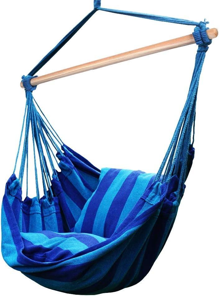 Blue and Green Striped Cotton Hanging Hammock Chair with Cushions