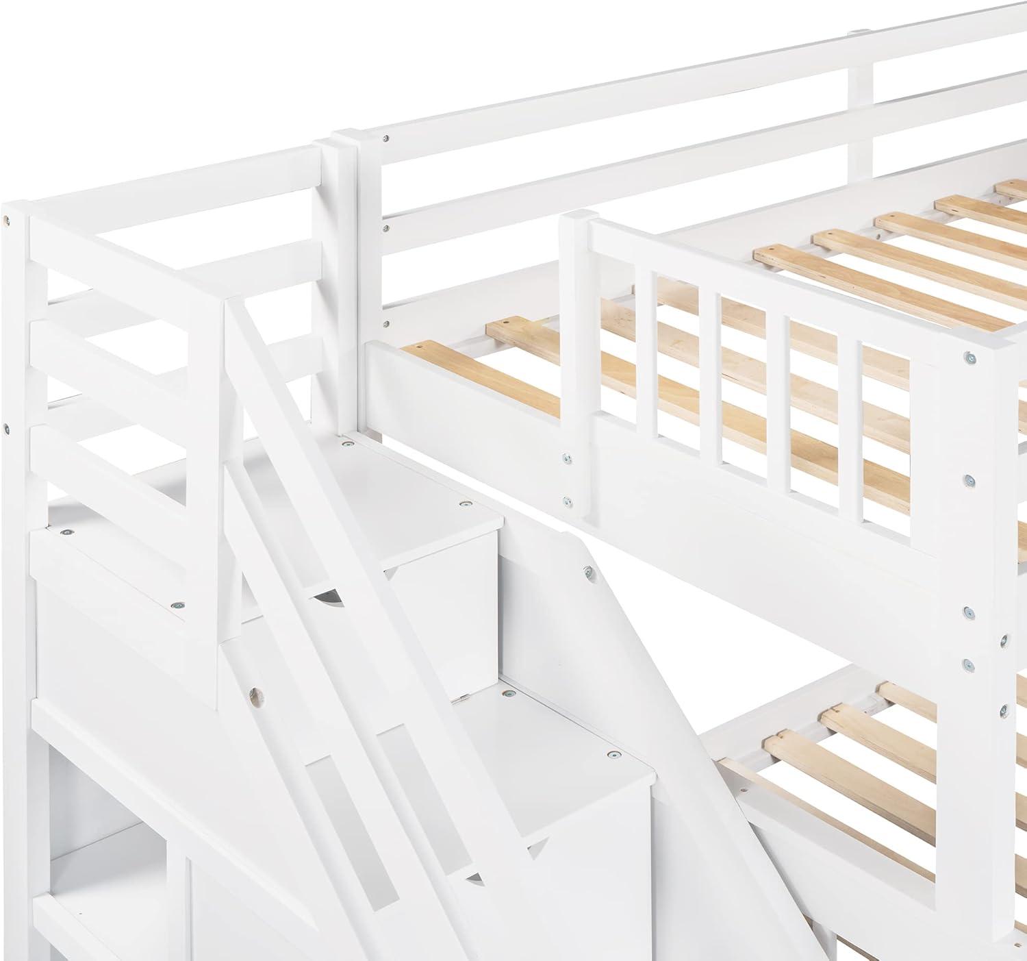 L Shaped Bunk Bed for 3, Triple Bunk Bed with 3 Drawers and Storage Stairs, Twin Over Full Bunk Bed & Twin Size Loft Bed, Wood Corner Beds for Kids, Teens, Adults. No Box Spring Needed(White)
