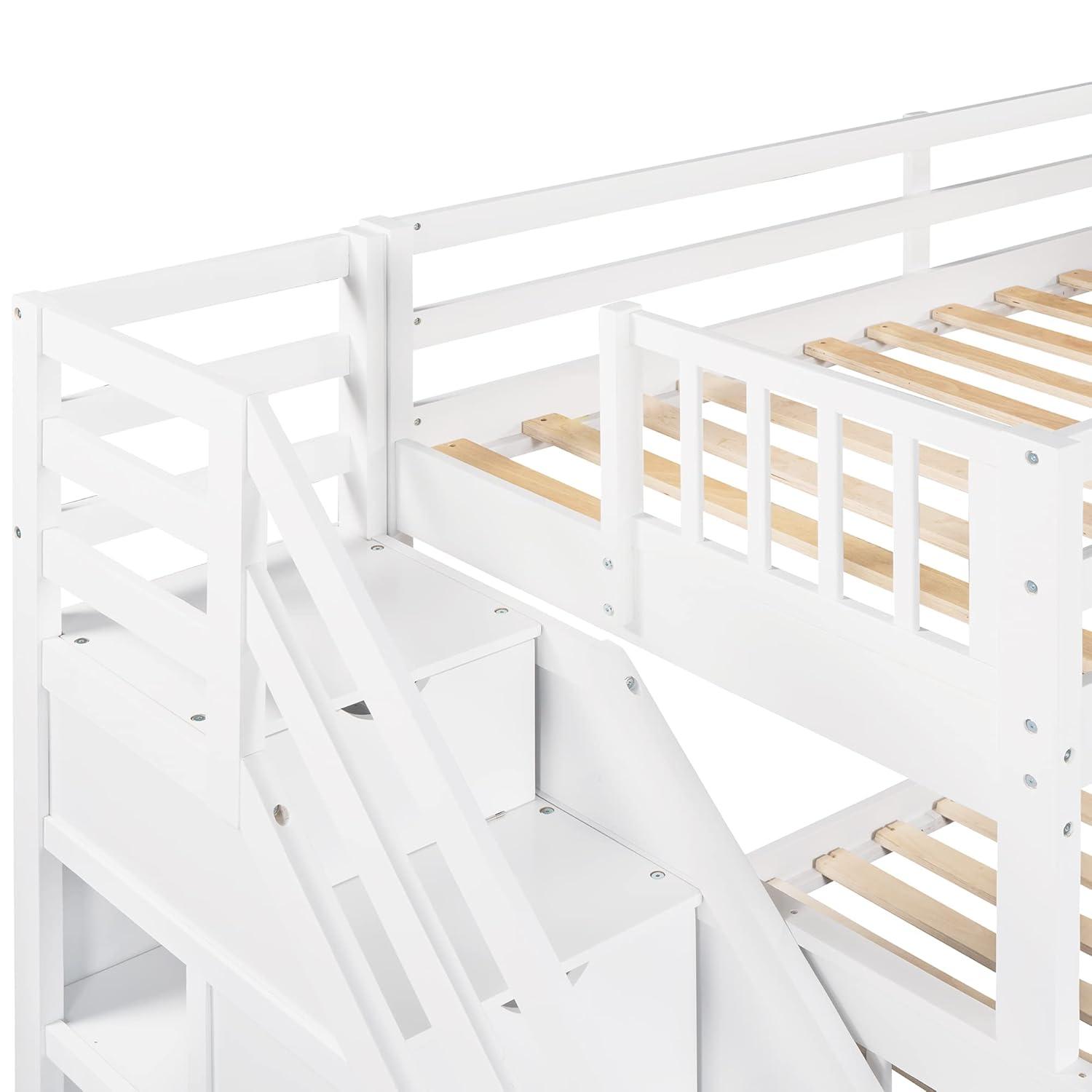 L Shaped Bunk Bed for 3, Triple Bunk Bed with 3 Drawers and Storage Stairs, Twin Over Full Bunk Bed & Twin Size Loft Bed, Wood Corner Beds for Kids, Teens, Adults. No Box Spring Needed(White)