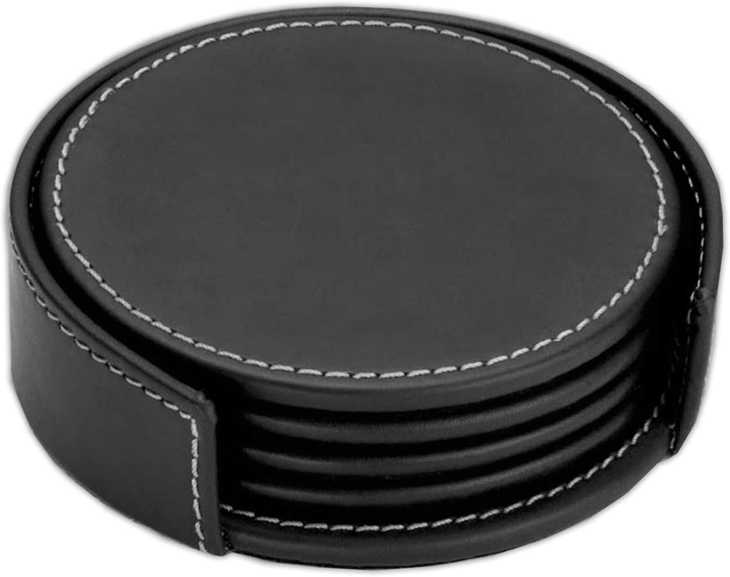 Black Leather Coaster Set with White Stitching and Holder