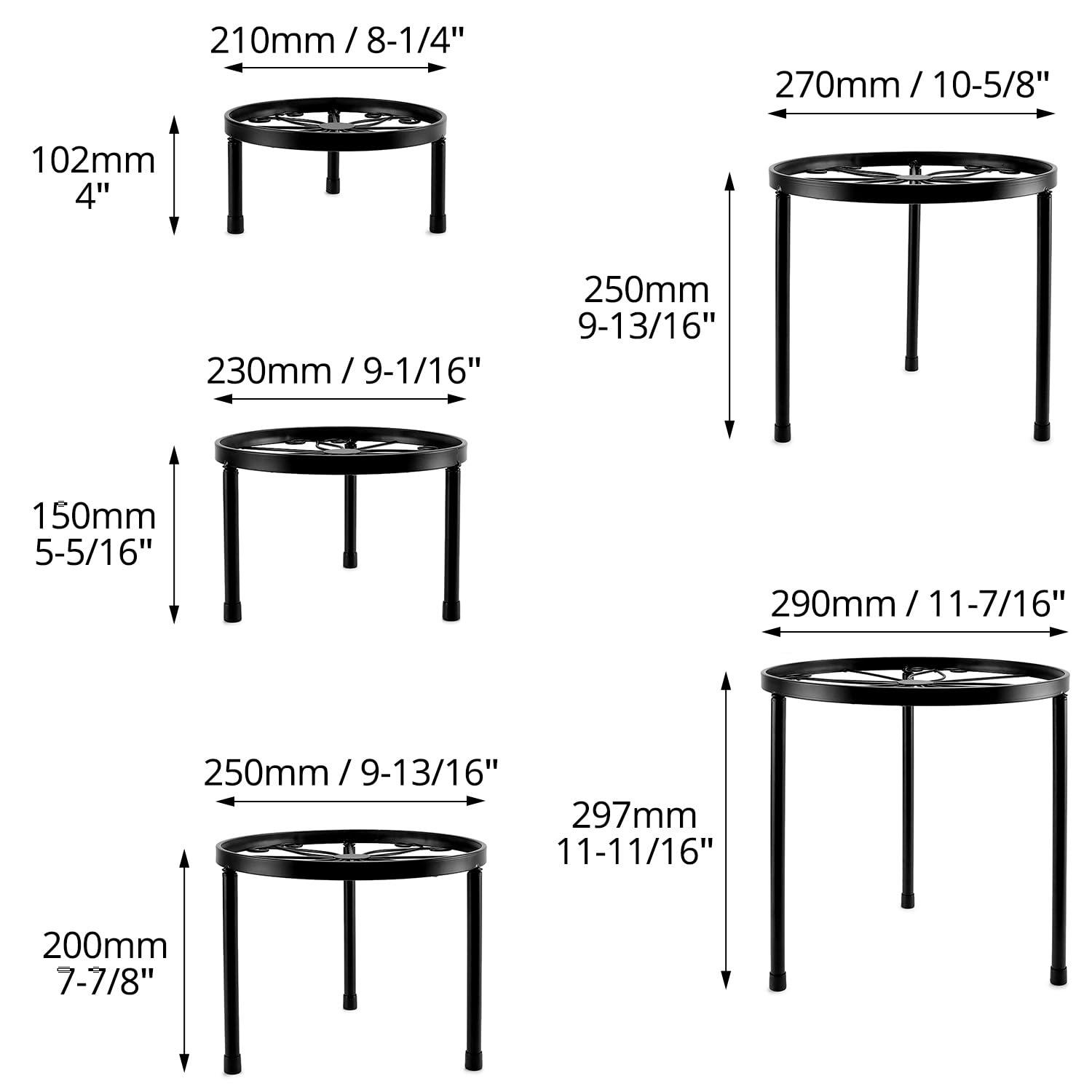 QWORK 5-Pack Metal Plant Stands, Black, Versatile Indoor and Outdoor Display with Rustproof Coating, Up to 130 lbs