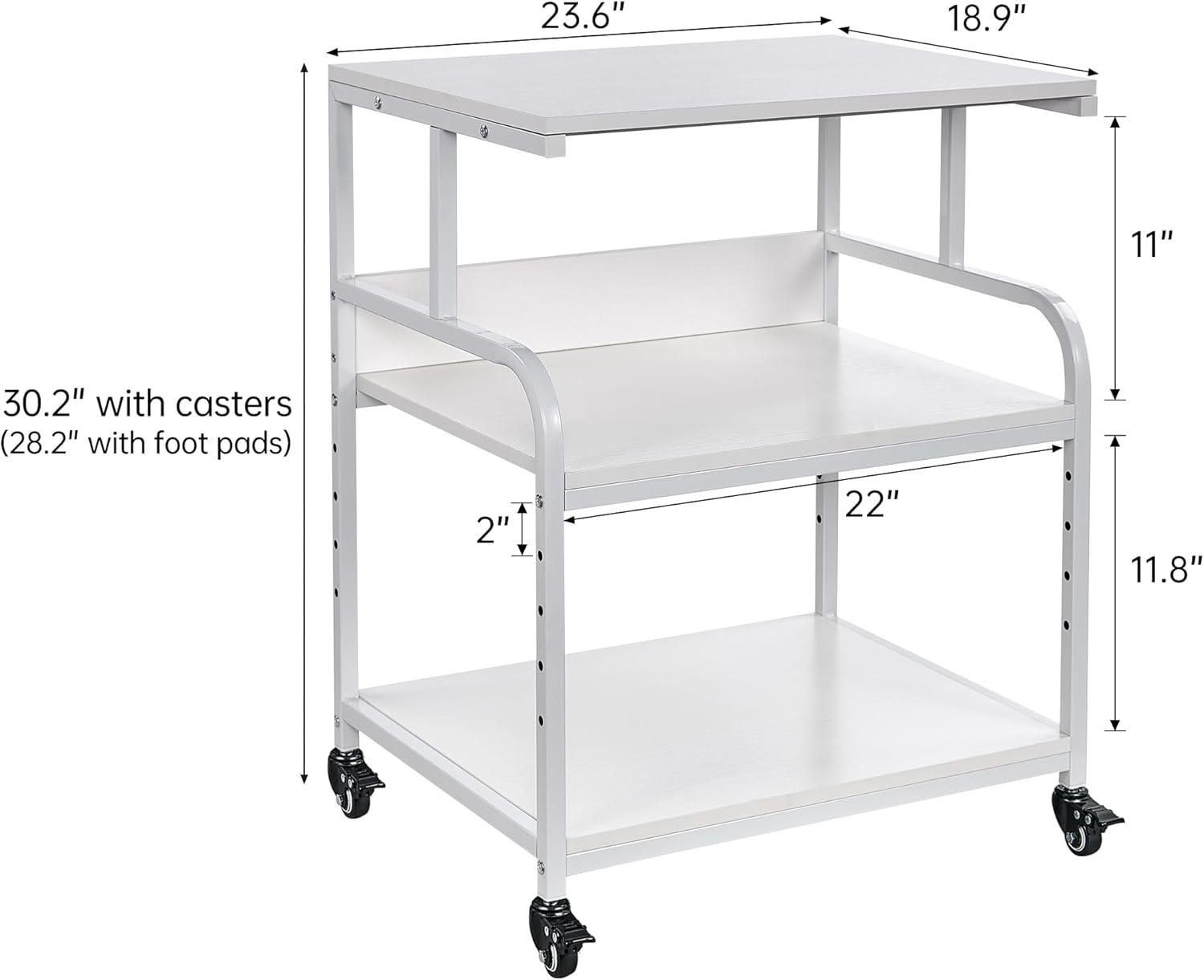 Printer Table, 23.6 x18.9 x 29.5 Inches Large Printer Stand with Height Adjustable Storage Shelf, 3 Tier Rolling Printer Cart Furniture with Wheels for Home Office, White & Black