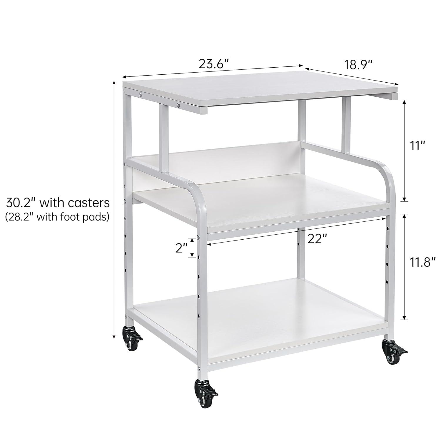 Printer Table, 23.6 x18.9 x 29.5 Inches Large Printer Stand with Height Adjustable Storage Shelf, 3 Tier Rolling Printer Cart Furniture with Wheels for Home Office, White & Black
