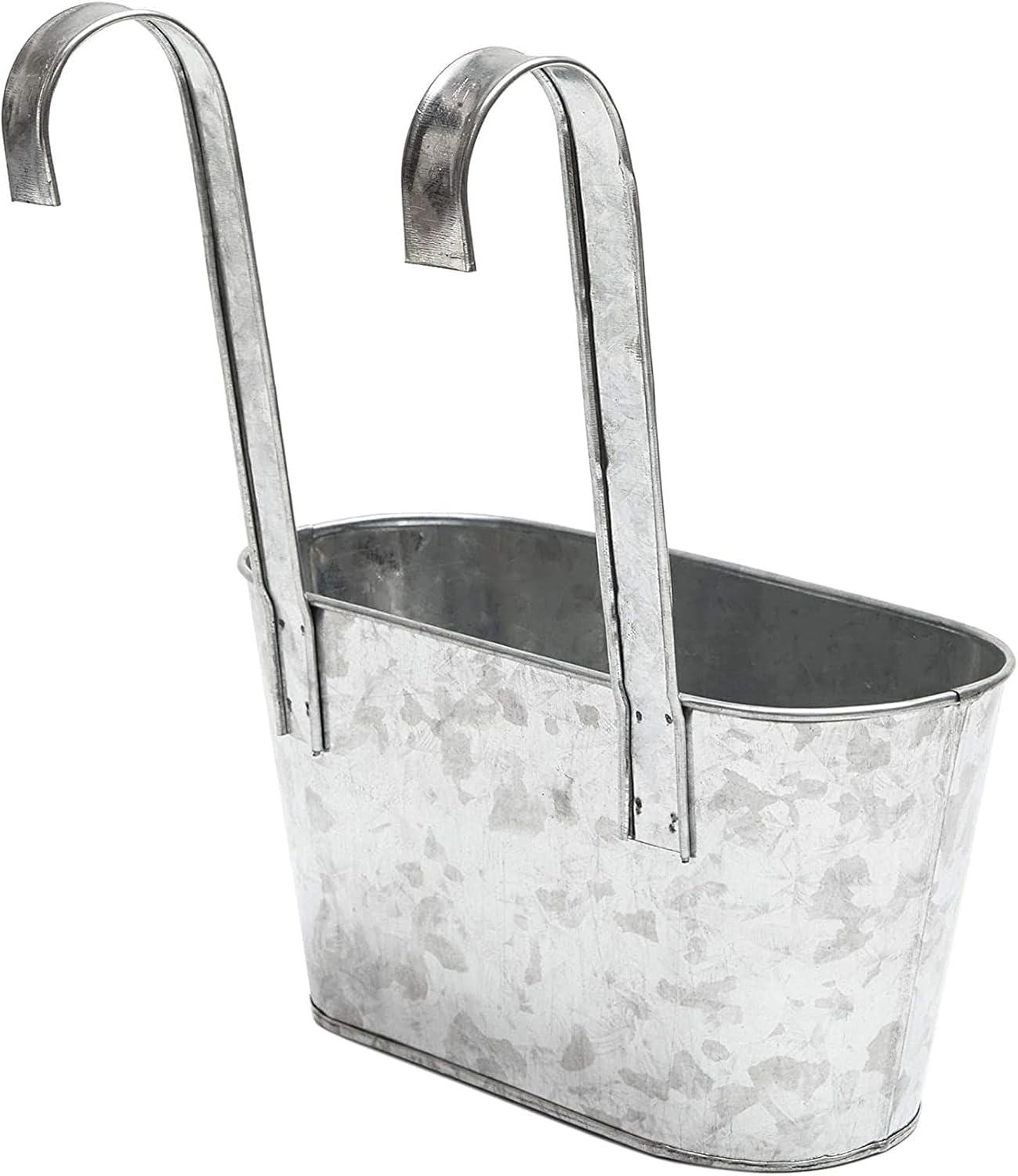 Juvale 2 Pack Galvanized Metal Hanging Bucket Planter Flower Pots for Railing, Fence, Balcony, Wall Decor, and Garden, 5 x 4.5 x 10 In