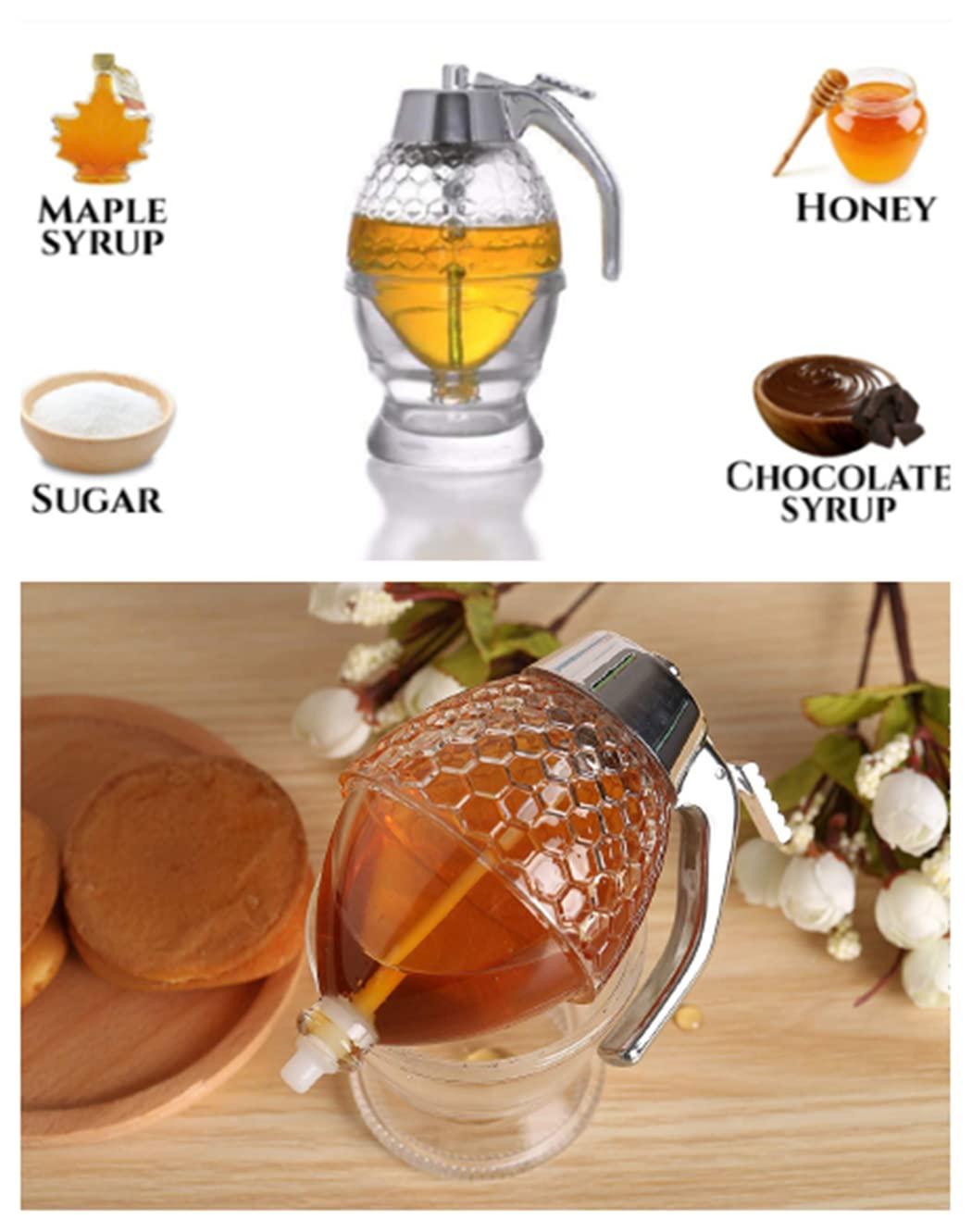 hunnibi Glass Honey Dispenser with Stand and Stainless Steel, Clear