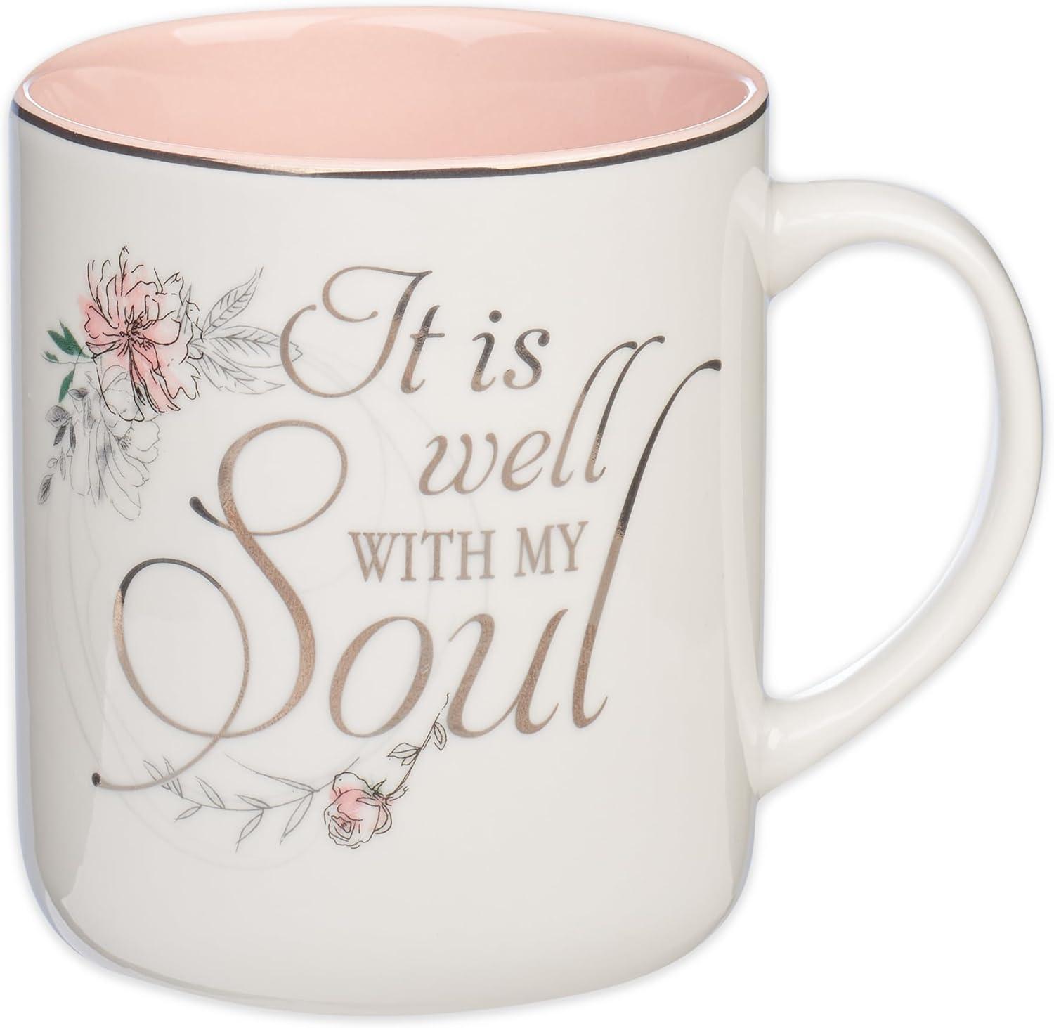Christian Art Gifts Ceramic Coffee Mug for Women: It is Well with My Soul - Inspirational Song and Hymn, Light Floral Pink and White, 14 oz.