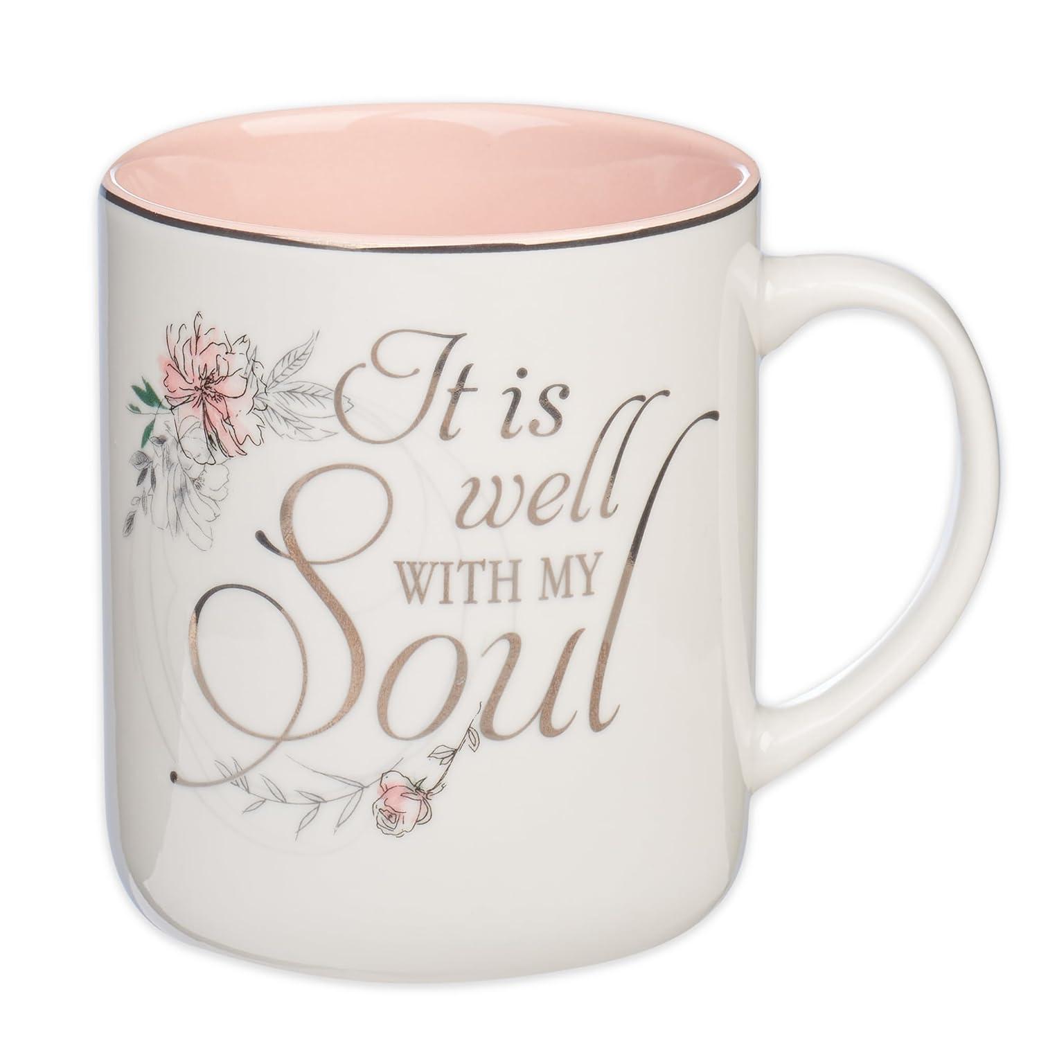 Christian Art Gifts Ceramic Coffee Mug for Women: It is Well with My Soul - Inspirational Song and Hymn, Light Floral Pink and White, 14 oz.