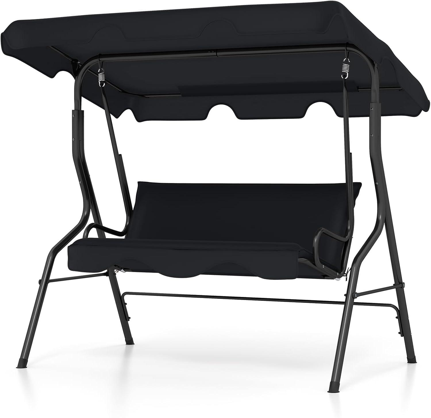 Black Steel Frame 3-Person Patio Swing with Adjustable Canopy