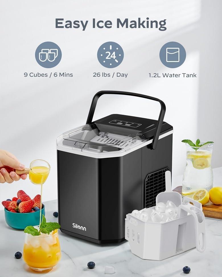 Silonn Bullet Ice Maker Countertop, Portable Ice Machine with Carry Handle, Self-Cleaning function, 9 Cubes in 6 Mins, Ideal for Home, Kitchen, Camping, Euhomy, Ecozy, Cowsar small appliances