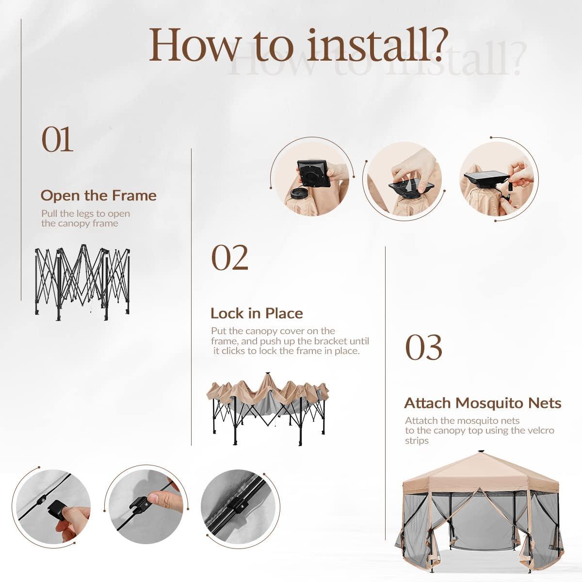 Quictent 13’ X 13’ Hexagonal Gazebo Pop up Canopy Tent with Mosquito Net ,Easy up Screened Canopy Gazebo, Beige