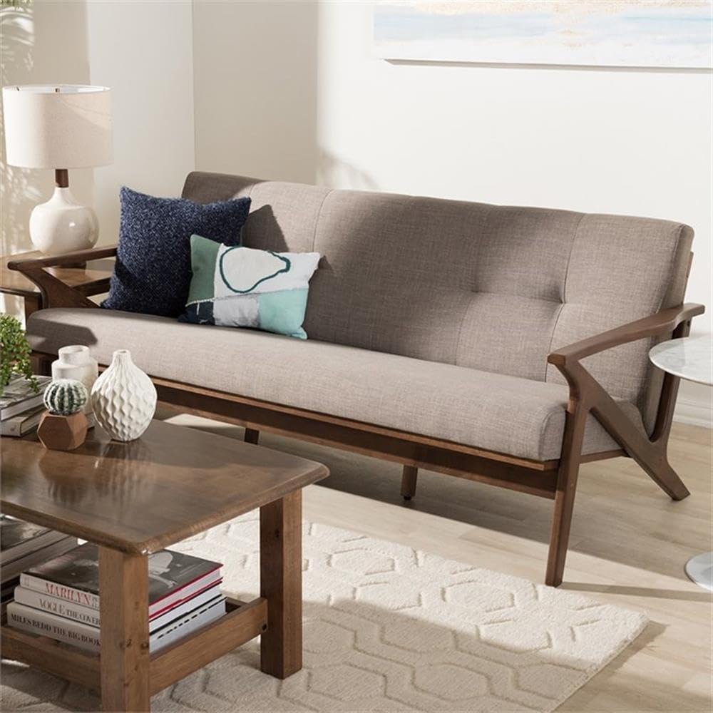 Bianca Mid-Modern Walnut Wood Fabric Tufted 3 Seater Sofa Light Gray - Baxton Studio: Durable Rubberwood Frame, Vintage Style