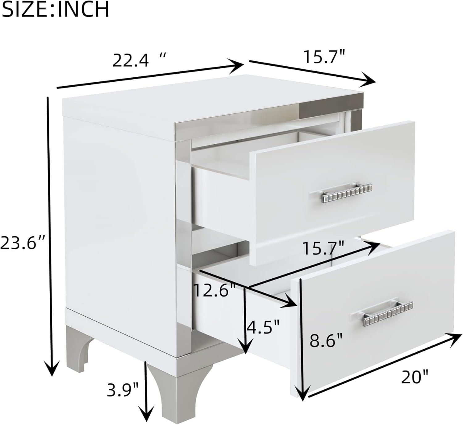 White High Gloss Mirrored 2-Drawer Nightstand with Metal Handles