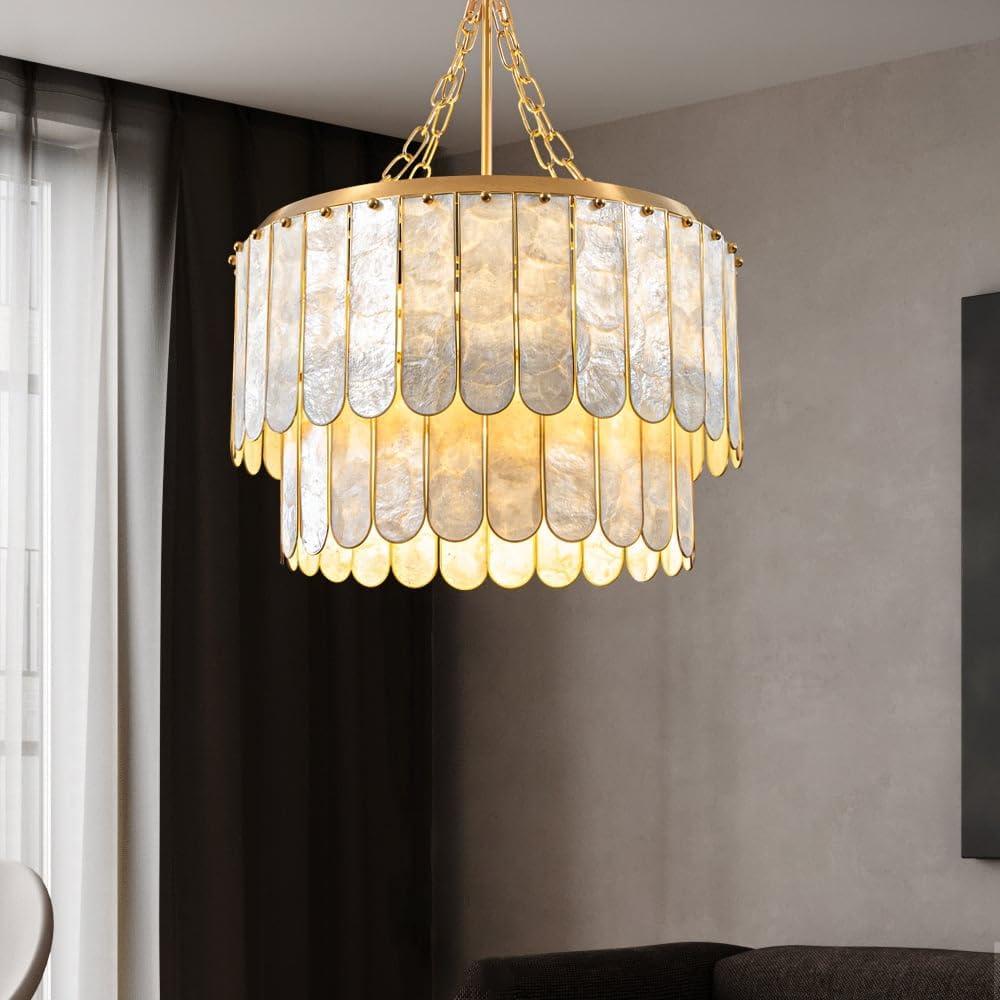 Gold and White 5-Light Capiz Shell 2-Tier Chandelier