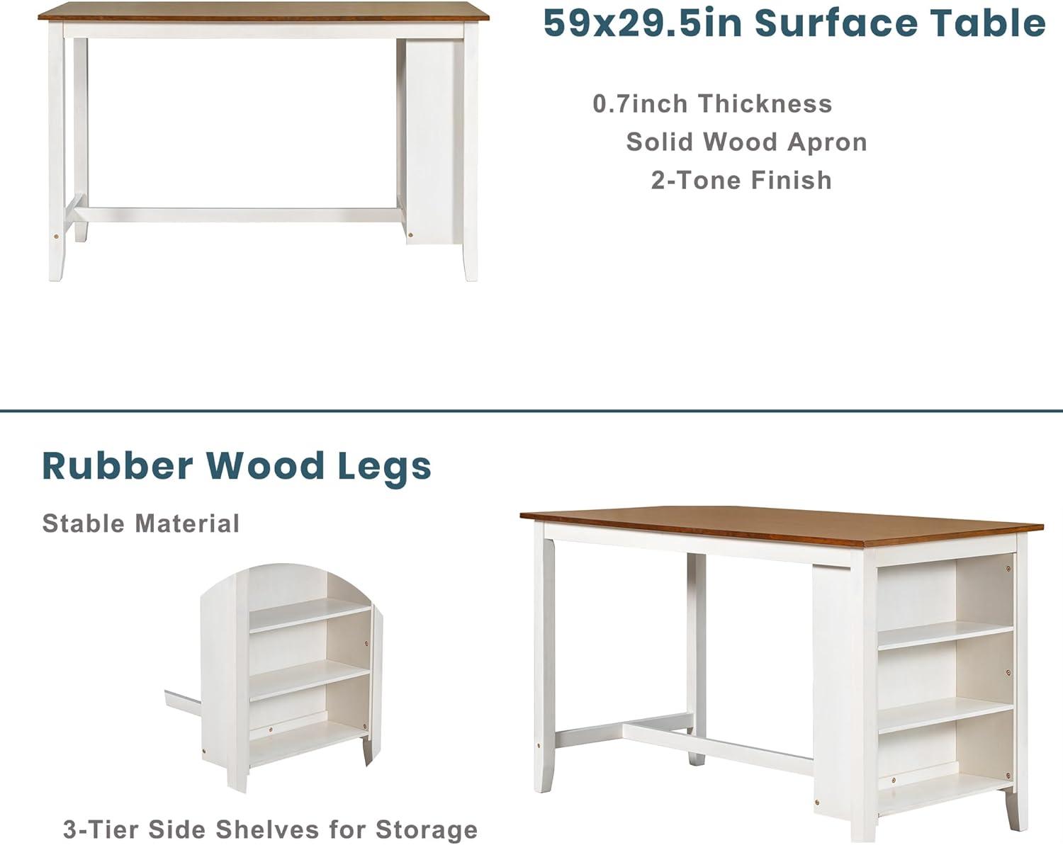 5 Pieces Counter Height Wooden Bar Table Set with 3-Tier Shelf and 4 Chairs, Rustic Farmhouse Dining Table Set for 4, White