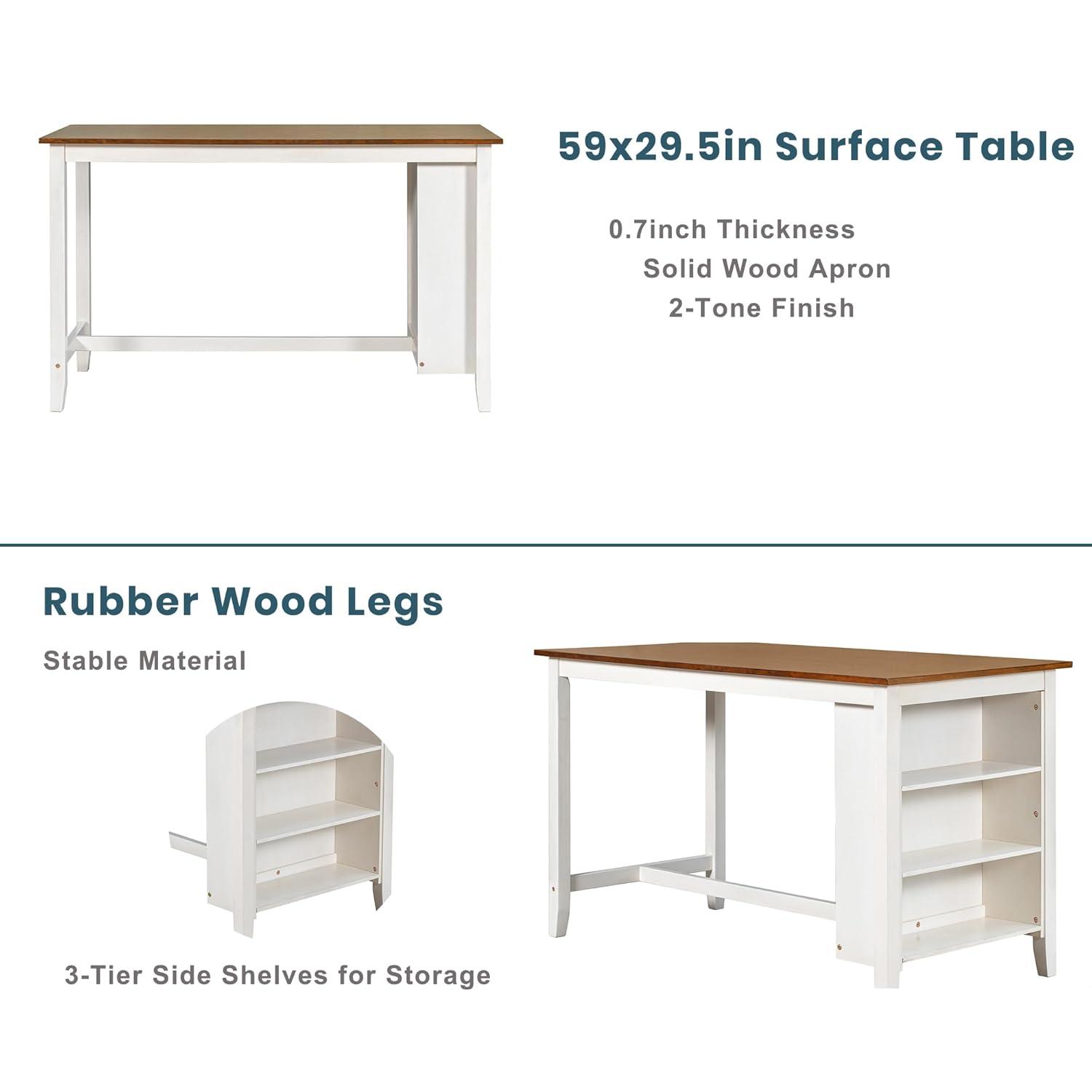 5 Pieces Counter Height Wooden Bar Table Set with 3-Tier Shelf and 4 Chairs, Rustic Farmhouse Dining Table Set for 4, White