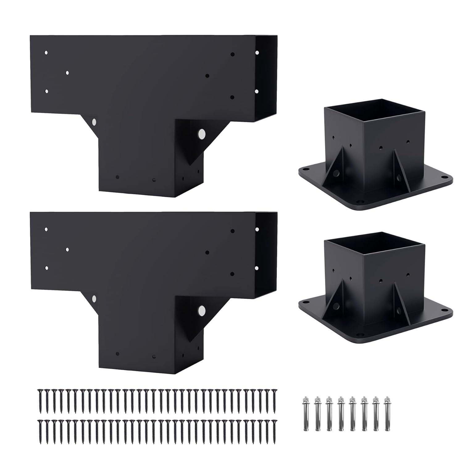 Pergola Kit Elevated Wood Stand Kit Woodwork for 4"x 4" (Actual 3.5" x 3.5"), Solid Steel Wooden Gazebo Kit for Outdoor 4-Way Right Angle Corner Bracket and Base Brackets - Includes Screws